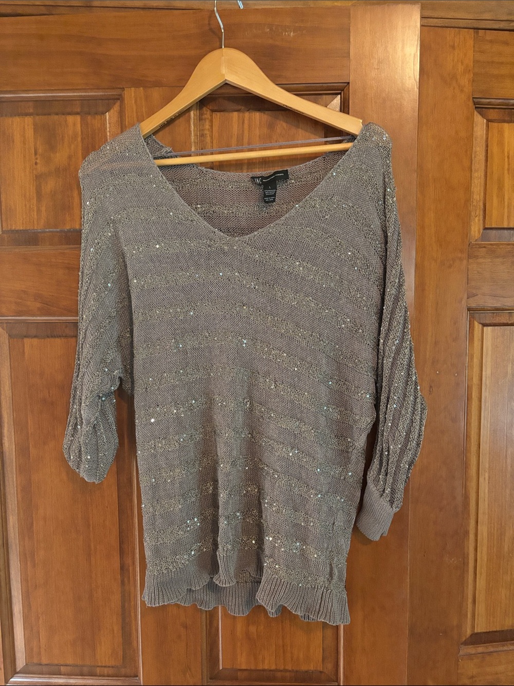 INC International Concepts Taupe Metallic Knit V-Neck Sweater